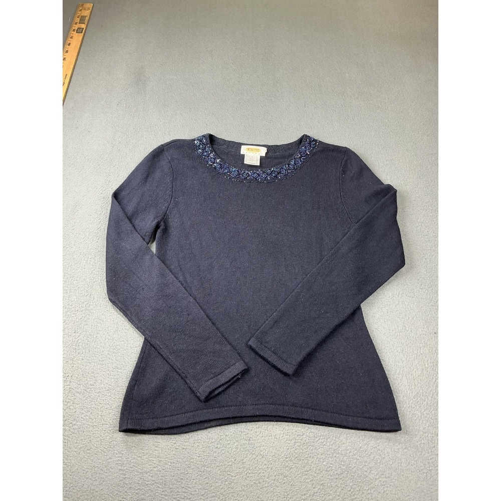 Talbots Sweater Womens S Blue Crew Neck Pullover Silk Cashmere Beaded